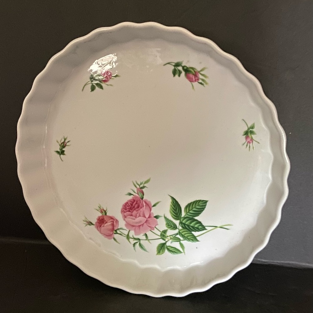 VTG Christine Holm Fluted Ceramic Pink Rose Floral Quiche Pie Tart Baking Dish